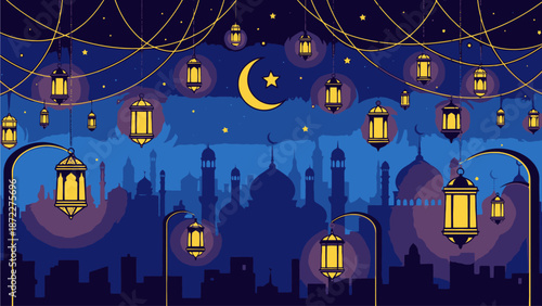 Eid al Fitr Night Sky with Lanterns and Mosque Silhouette