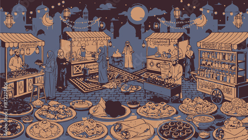 Night Market Scene with Food Vendors