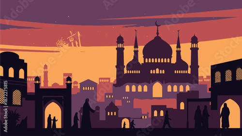 Vibrant Islamic Cityscape at Sunset
