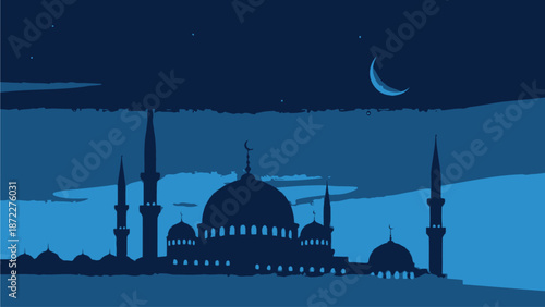 Serene Mosque Silhouette under Crescent Moon Night Sky