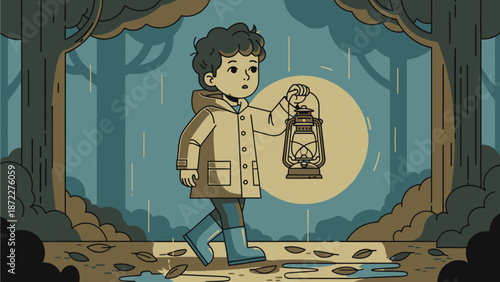 Man Navigating Dark Forest with Lantern