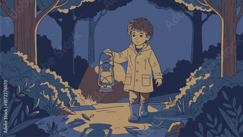 Young Adventurer Explores Forest with Lantern at Night