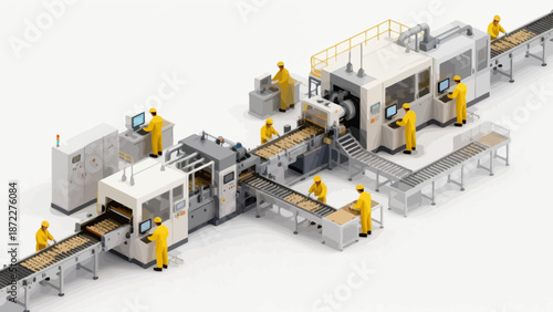 Automated food production line with workers