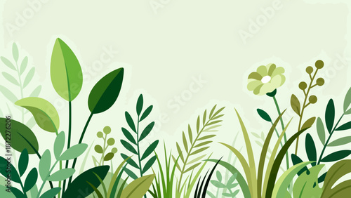 Illustration of diverse green plants and flowers