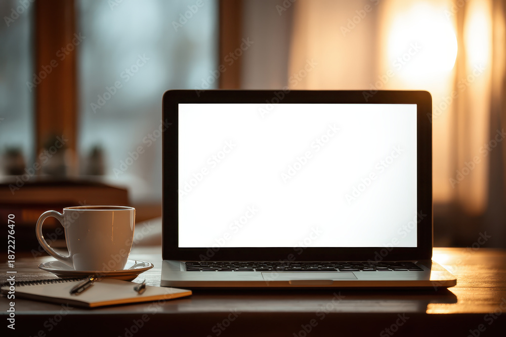 Fototapeta premium Laptop with coffee on a wooden desk near a window