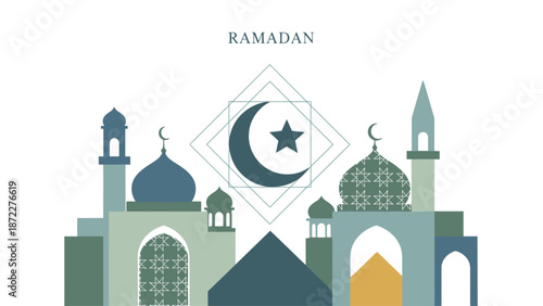 Ramadan Illustration with Mosque and Crescent Moon