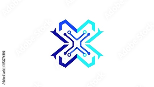 Abstract Blue And Cyan Geometric Technology Symbol On White Background