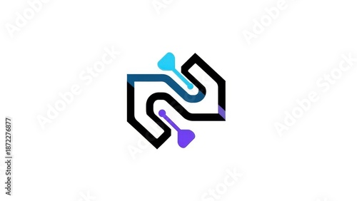 Abstract Circuit Board Symbol With Blue and Purple Accents On White Background