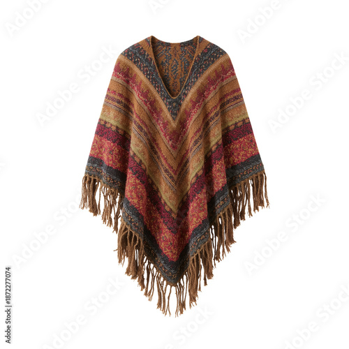 Handmade Poncho Displayed on White Background With Vibrant Colors and Patterns