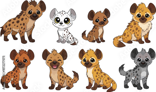 Cute hyena cub character set with different colors expressions cartoon African animal mascot vector illustration