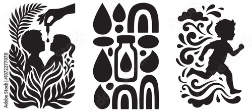 Children's health and well-being illustrated with abstract shapes and silhouettes, symbolizing care and vitality.