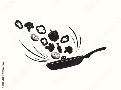 Black silhouette of sautéed vegetables tossed in pan, isolated on pure white background
