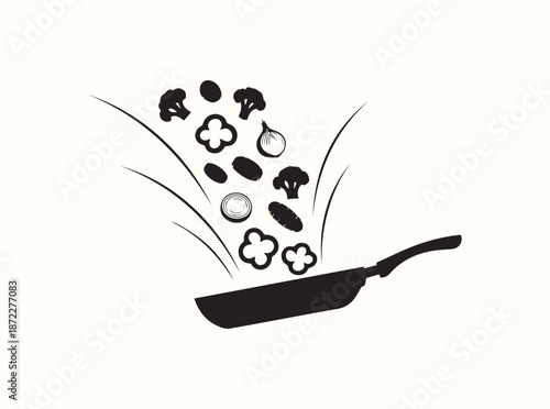 Cooking action silhouette of frying pan flipping vegetables, curved motion lines, isolated
