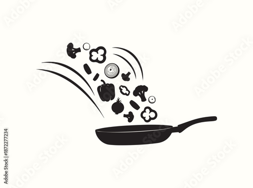 Vegetable stir fry motion silhouette in frying pan, curved action lines, isolated on white background
