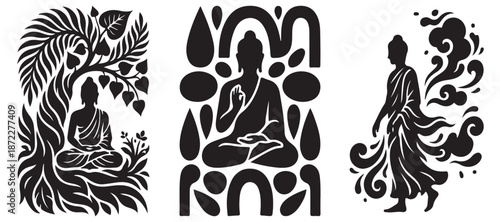 Three stylized black and white illustrations of Buddha in different poses, representing meditation, enlightenment, and walking.