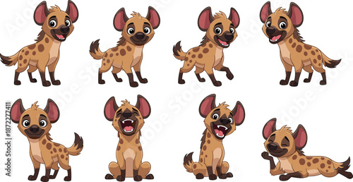 Cute hyena cub character set with playful poses expressions cartoon African animal mascot vector illustration