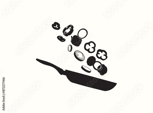 Frying pan vegetable toss silhouette, solid black with motion lines, isolated on pure white background
