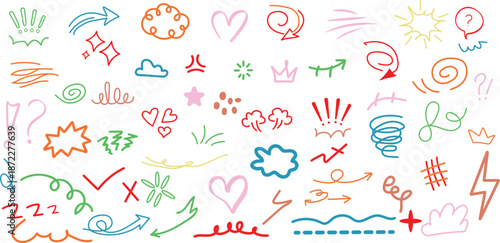 Cartoon chalk star, comic expression elements. Hand drawn cute doodle line motion effect arrow, emphasis, angry emotion, sparkle movement. Cartoon emoticon mark crayon icon. Vector illustration