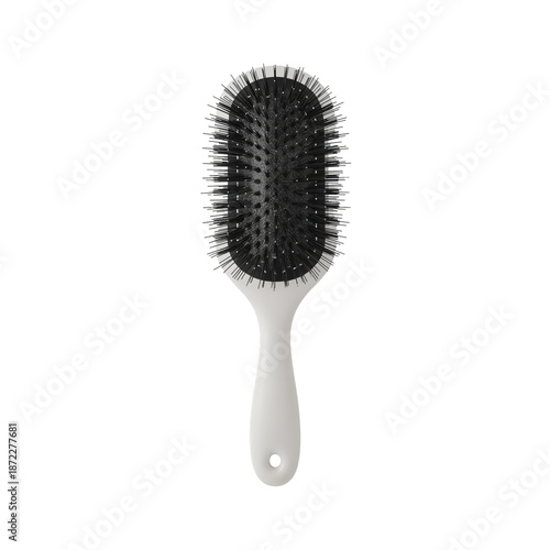 Hairbrush With Nylon Bristles on a White Handle Placed on a Plain Background