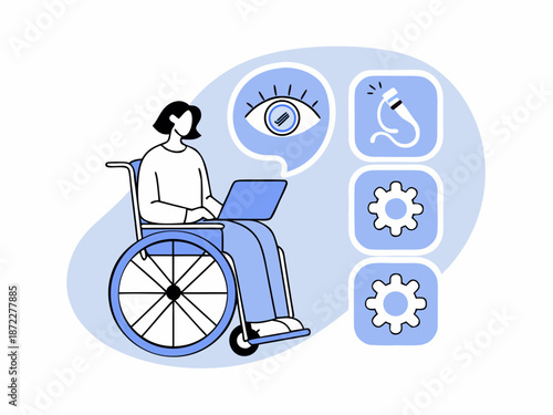 Woman in wheelchair using laptop with accessibility features