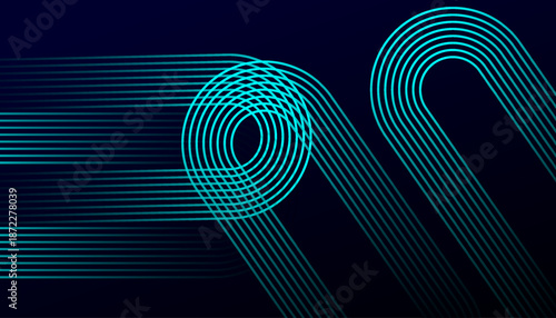 Abstract Neon Line Art Background with Modern Circular Wave Design. Futuristic Teal Glow Line Pattern on Dark Minimal Background.