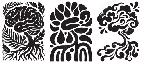 Abstract black and white illustrations of stylized brains merging with trees and roots, symbolizing growth and knowledge.