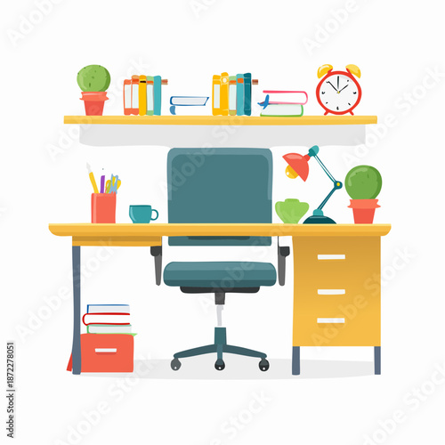 Modern home office desk setup with chair lamp books and plants on shelf workspace organized and tidy with creative supplies on desk