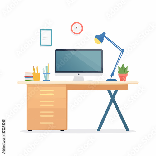 Modern office desk setup with computer monitor desk lamp and potted plant in a bright room with wooden drawers and organized supplies