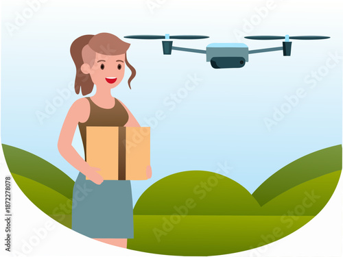 Woman holding package with drone flying overhead in green landscape
