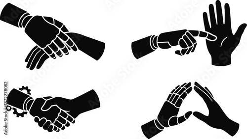 Robotic hand connecting with human fingers vector illustration
