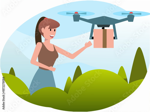 Woman receiving package from drone in green landscape