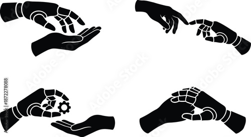 Robotic hand connecting with human fingers vector illustration