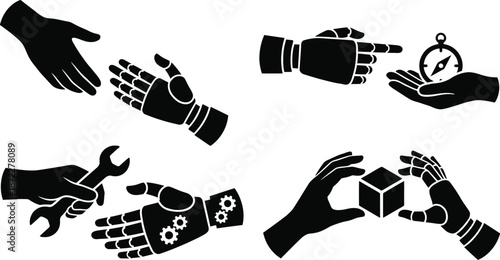 Robotic hand connecting with human fingers vector illustration