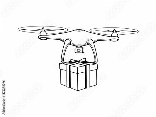Drone delivering gift box with camera attached underneath