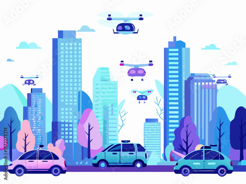 Futuristic cityscape with flying taxis and drones in modern urban landscape