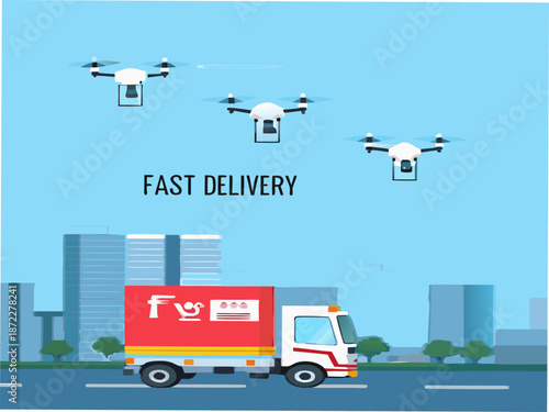 Fast delivery concept with drones and truck in modern cityscape