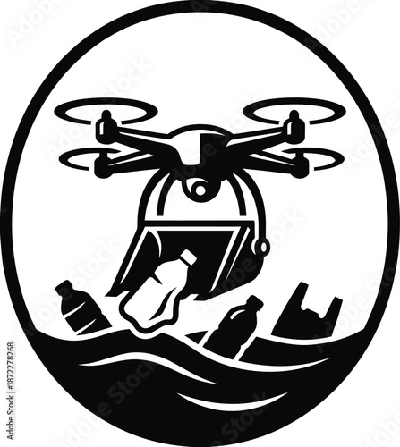 Ocean plastic cleanup drone underwater vector illustration concept