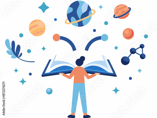 Person learning about space and science with open book