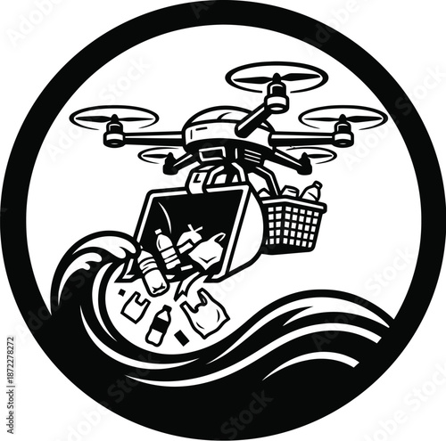 Ocean plastic cleanup drone underwater vector illustration concept