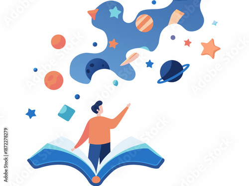 Man exploring astronomy and space concepts from an open book