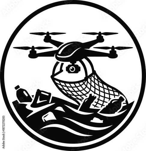 Ocean plastic cleanup drone underwater vector illustration concept