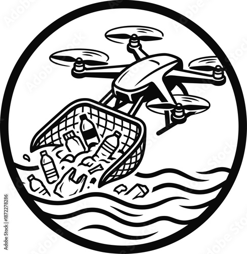 Ocean plastic cleanup drone underwater vector illustration concept