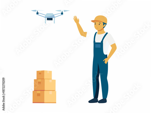 Man controlling drone for package delivery with stacked boxes nearby