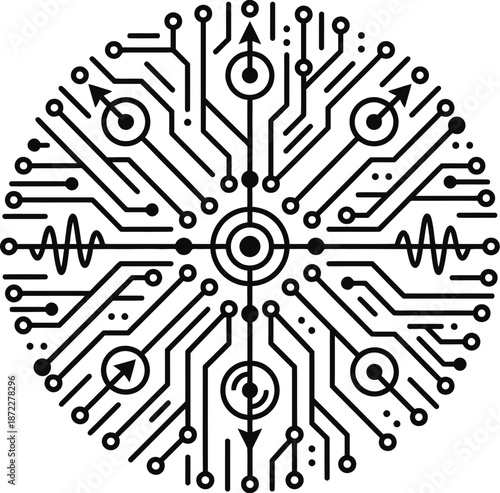 Quantum computing circuit board pattern with futuristic neon lines
