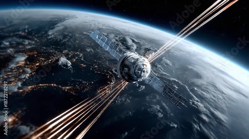 Wallpaper Mural Orbital Harmony: A high-angle shot showcasing a satellite gracefully orbiting Earth, with beams of light emanating from the apparatus, representing seamless communication, technological advancement. Torontodigital.ca