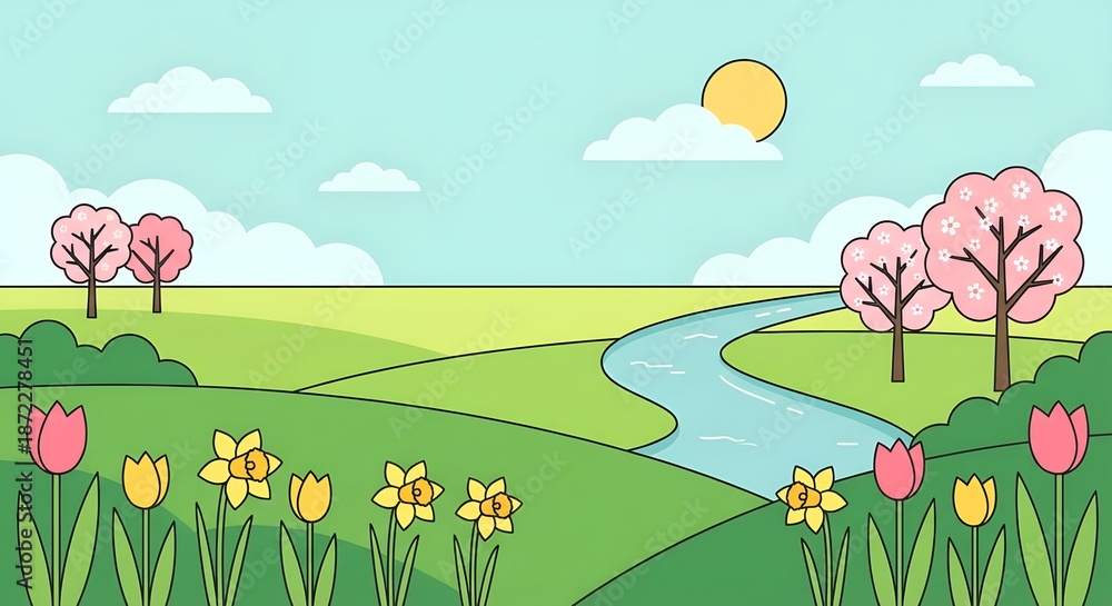 Naklejka premium Cheerful cartoon spring landscape with blooming pink cherry trees, colorful tulips, daffodils, a winding river, and sunny sky for nature awakening concept