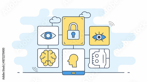 Smartphone with connected security and biometric icons for digital protection