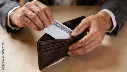 Wallpaper Mural Hands placing an insurance card into a leather wallet Torontodigital.ca