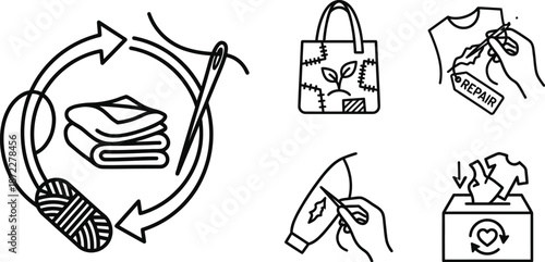 Sustainable fashion recycled textile icons vector collection