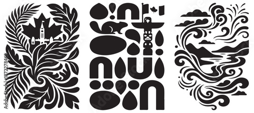 Canadian cultural symbols and natural landscapes depicted in a stylized black and white graphic art style.
